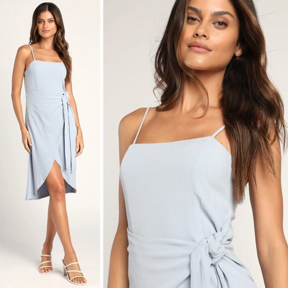 New! Lulus Stay Sunny Light Blue Faux Wrap Midi Dress NWT - 35784 - Picture 2 of 12